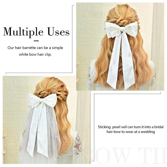 Wedding Bow Veil for Women Bridal Bachelorette Party Hair Clip White - Picture 3 of 7